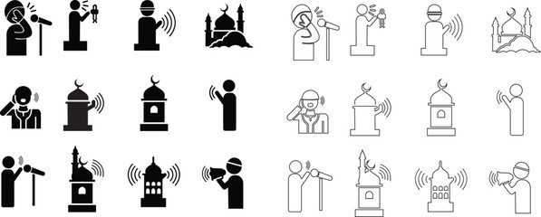 Set of adhan call to prayer icons, collection of islamic mosque and muezzin symbols, group of flat line vector illustrations, add azan, minaret, prayer time, muslim worship, black icon