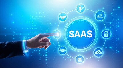 Hand pointing to SaaS software as a service concept with digital technology icons isolated on transparent background