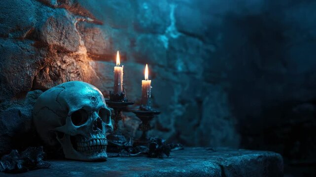 Skull and candles on stone surface in eerie, dimly-lit setting