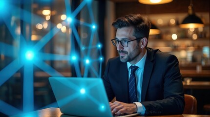 Businessman in suit using laptop with glowing blue network connections overlay