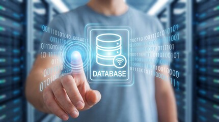 Hand touching digital database icon with binary code and cloud computing technology concept