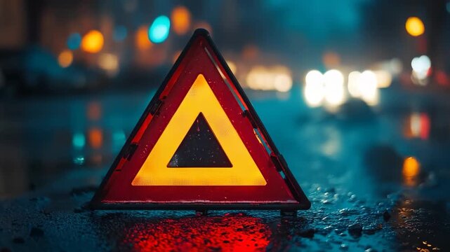 Emergency triangle sign on the road in a rainy night, with blurred lights, Emergency triangle sign on a wet road at night