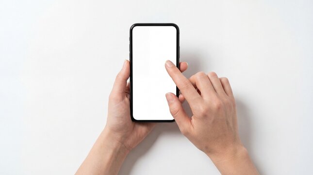 Hands holding blank smartphone screen for digital interface design and touch interaction demonstration - Powered by Adobe