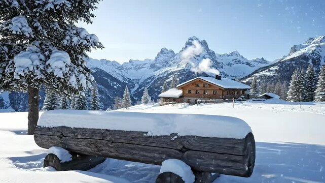 Winter wonderland scene with a cozy wooden mountain lodge and chimney smoke against snowy peaks. A snow-covered log bench and pine tree complete the idyllic alpine landscape,