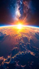 Fiery cosmic dawn breaks over a cloudy planet, shining through skies towards a galaxy