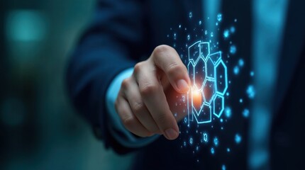 Businessman interacting with a futuristic digital interface displaying a hexagonal network structure