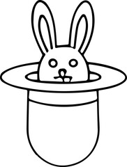 Outline Vector Icon of Bunny Rabbit Appearing from Magician's Top Hat | Simple Hand Drawn Line Art for Coloring Book, Magic Show Logo, or Easter Design Element.