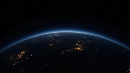 View of Earth from space at night, showing city lights and the atmosphere's glow