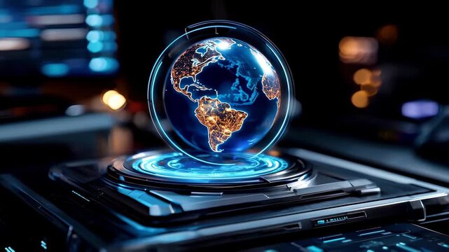 Futuristic hologram globe digital world map glowing neon blue technology display sci fi interface data visualization global network cyber