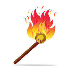 Conceptual vector illustration of a burning match with fire shaped like planet Earth, symbolizing global warming, climate change, environmental crisis, and human impact on nature