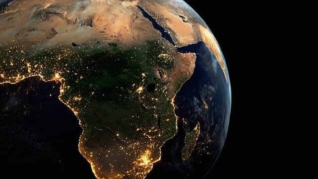 A globe of Earth showing Africa lit up with city lights against a black space background
