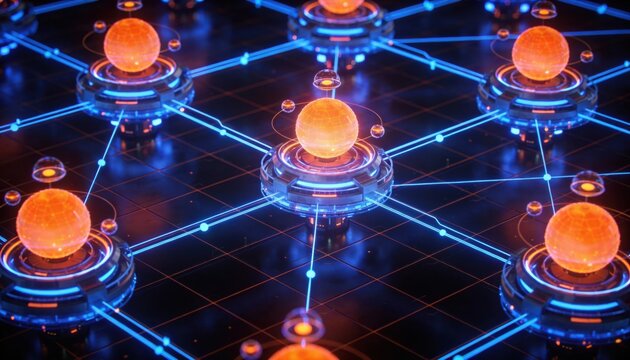 Abstract digital network of glowing orange spheres connected by blue light lines - Powered by Adobe