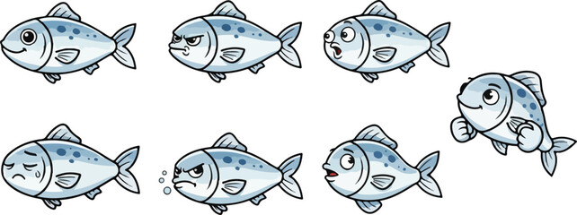 vector illustration of sardine fish funny cute cartoon mascot character cartoon with 7 poses 01 © weng
