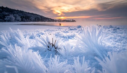 Frozen spikes on a shore, a distant figure on a foggy lake, trees and bright horizon