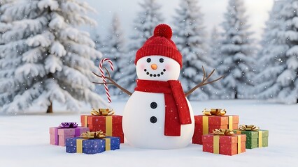 Snowman with presents in winter wonderland