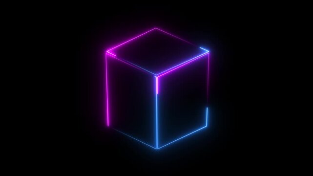 Glowing looping pentagonal neon square frame effect, black background. Technology Sign, Colorful Neon Figure On Black Background. square rectangle icon