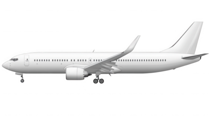 Commercial airplane in white soars against a stark in side view on transparent background