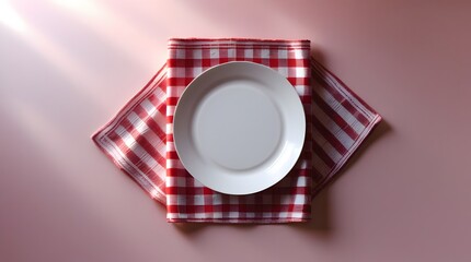Elegant Flat Lay of White Dish on Checkered Fabric and Pastel Pink