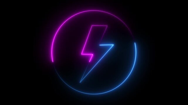 Neon glowing battery charging icon animation with neon circle. Neon battery icon concept. Neon Battery charging power symbol, lightning bolt sign. power charging icon