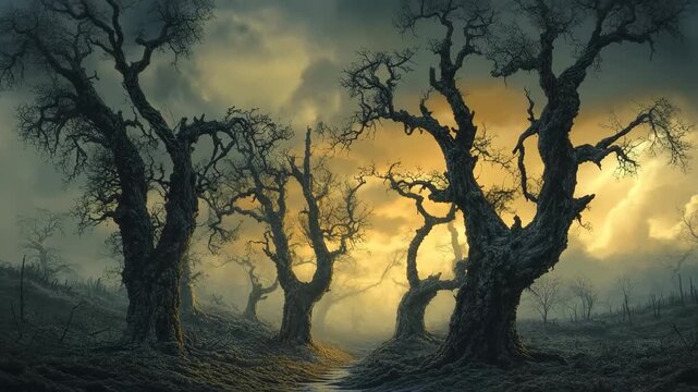 Giant old dead trees, Several massive, lifeless trees with gnarled trunks and bare branches