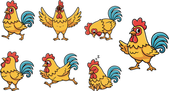 vector illustration of rooster funny cute cartoon mascot character cartoon with 7 poses