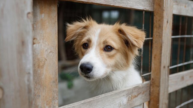 Close-up of a dog's face peeking out from behind a wooden fence. the dog appears to be a border collie, with brown and white fur and a black nose.