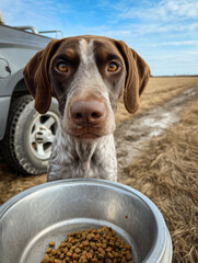German Shorthaired Pointer dog looking at a bowl of kibble in a rural outdoor setting