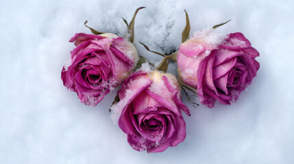 Three beautiful pink roses lying on fresh white snow
