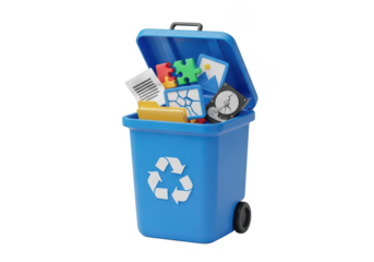 Blue recycling bin with various items, isolated on transparent background