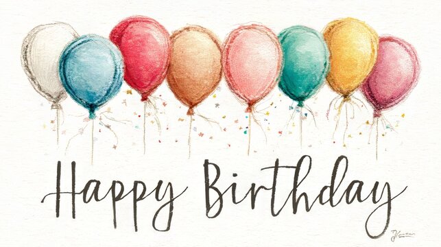 birthday card, colorful confetti and balloons 