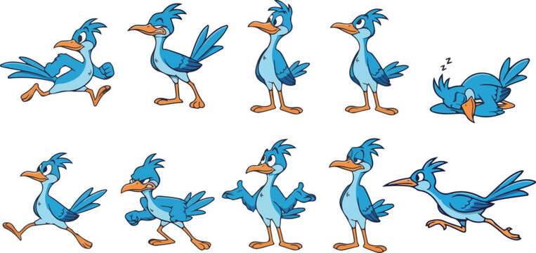 vector illustration of roadrunner bird funny cute cartoon mascot character cartoon with 10 poses