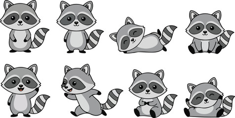 vector illustration of racoon funny cute cartoon mascot character cartoon with 8 poses 03 © weng