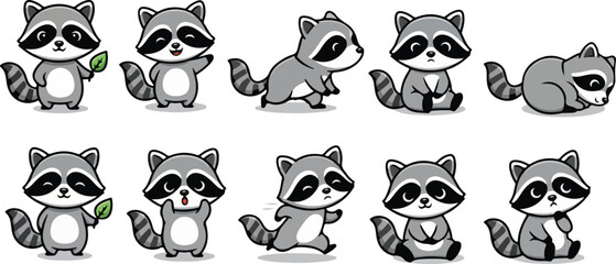 vector illustration of racoon funny cute cartoon mascot character cartoon with 8 poses 04 © weng