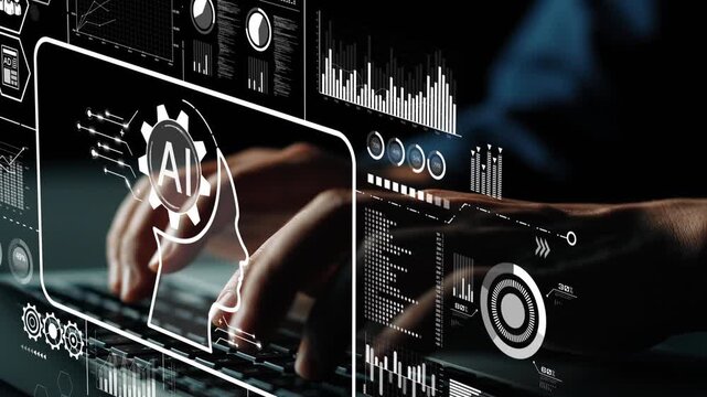 Hands typing on keyboard with AI graphics and data visualization for technology and innovation concepts. Asymptotic smart data analytic.