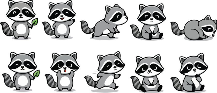 vector illustration of racoon funny cute cartoon mascot character cartoon with 8 poses 04