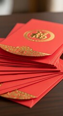 Stack of Vibrant Red Envelopes with Golden 'Fu' Character and Ornate Designs for Festive Celebrations