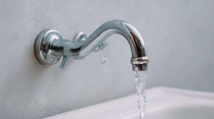 Close-up of a faucet with water flowing from it. the tap is made of chrome and has a curved spout with a lever handle on the left side. the water is flowing from the tap into a white sink below.