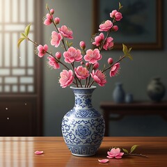 Elegant Pink Cherry Blossom Branches in a Traditional Blue and White Porcelain Vase Display