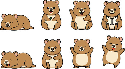 Fototapeta premium vector illustration of quokka funny cute cartoon mascot character cartoon with 8 poses 