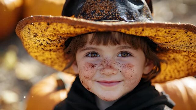 Young Caucasian girl in witch costume with large hat, smiling amidst autumn pumpkins