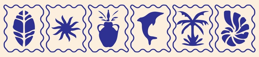 Greece summer sticker set, Mediterranean Greek sculpture print, Santorini tourism silhouette logo. Hand drawn doodle travel vintage stamp, olive branch mythology symbol.