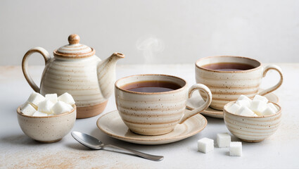 Two ceramic cups of hot black tea with teapot and sugar cubes served on a white table in minimal rustic setting, cozy tea time scene.