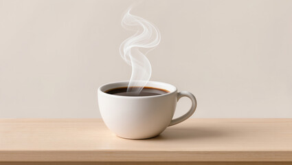 Minimalistic image of hot black coffee in plain white cup with steam rising, placed on wooden surface with neutral background.