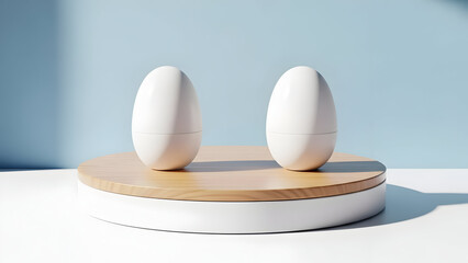 Two white oval objects on a wooden and white circular base