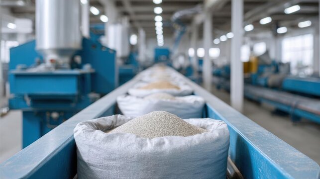Row of blue conveyor belts in a factory. the belts are lined up in a neat row and are filled with sand.