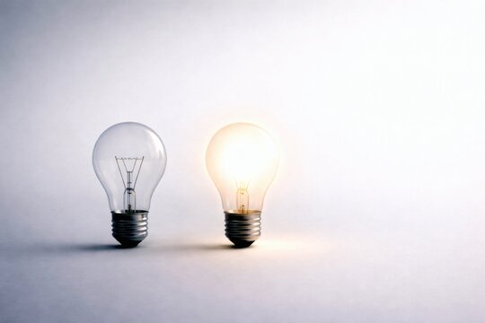 Minimal studio scene with two light bulbs placed side by side, one emitting light and the other unlit. Clean composition focused on contrast, state difference, and simple visual comparison.