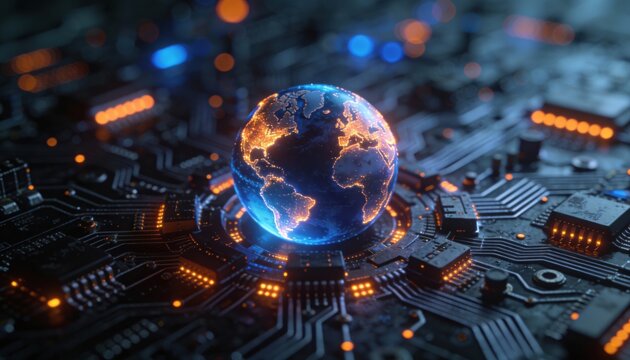 Digital Earth glowing with data on a futuristic circuit board with orange lights - Powered by Adobe