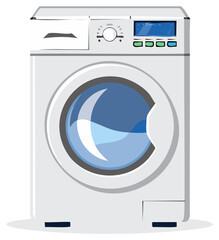 Modern front-loading washing machine with blue water in the drum. Household laundry appliance illustration.