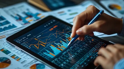 Analyzing financial data on a tablet in a busy workspace with charts and graphs displayed - Powered by Adobe