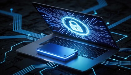 Digital padlock on laptop screen symbolizing cybersecurity and data protection
